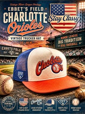 Ebbet’s Field Charlotte Orioles Vintage Minor League Trucker Hat. OS. New